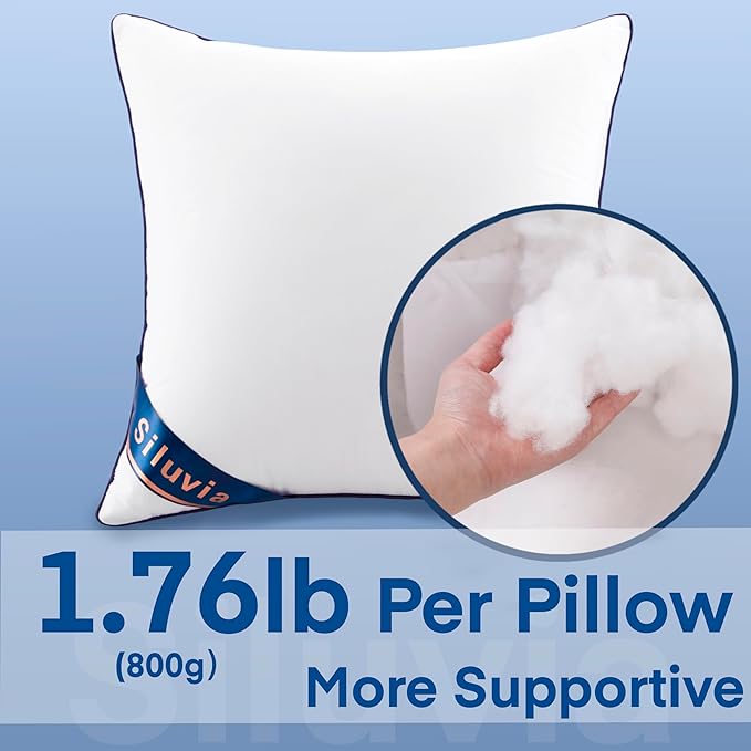 Siluvia 20"x20" Pillow Inserts Set of 2 Decorative Square Square Throw 20 Pillows with 100% Cotton Cover for Sofa, Couch, and Bed - White