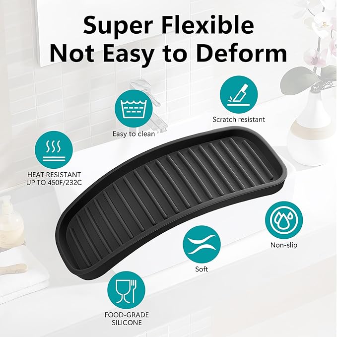 Silicone Sponge Holder Kitchen Sink Organizer Tray Dish Caddy Soap Dispenser, Scrubber Spoon Holder,Dishwashing Accessories 2 Pack (Black)