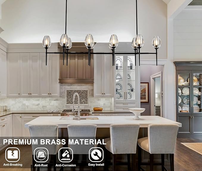 Modern Crystal Chandelier 10 Lights Black, 65in Tulip Black Rectangle K9 Crystal Chandeliers, Pendant Ceiling Light for Dining Living Room Bedroom Entryway, E12 Bulbs Included