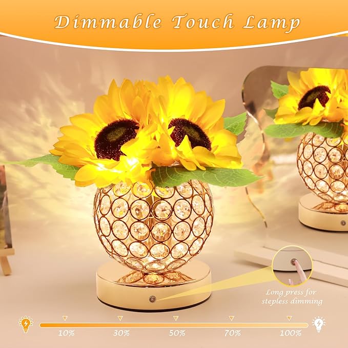 Birthday Gifts for Women,Sunflower Flower Touch Lamp,Rechargeable Cordless 3-Colour Dimming Night Light for Festival,Restaurant,Bedroom,Office Home Decor Gifts for Mom