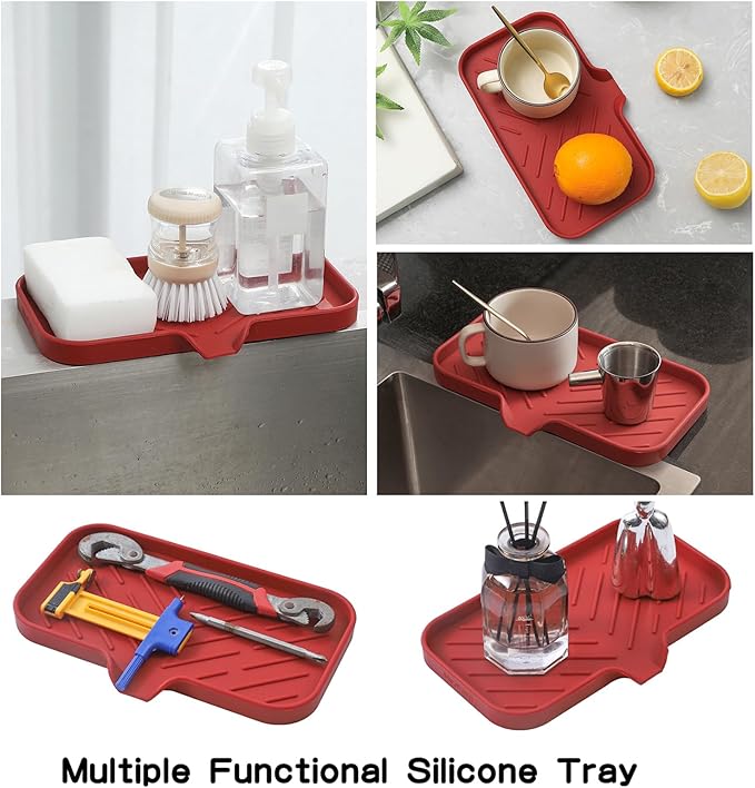 Silicone Bathroom Soap Dishes with Drain Spout-Bathroom and Kitchen Sink Organizer,Sponge Holder,Dish Soap Tray,Perfect for Dispenser,Scrubber,Bottle,Cup on Sink or Counter-Red 9.6"×5.3"