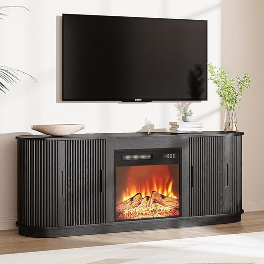 Fluted TV Stand with Fireplace, 60" Modern Fireplace TV Stand for Living Room, Entertainment Center with 18" Electric Fireplace, Curved Design Media Console Cabinet for Living Room (Black)