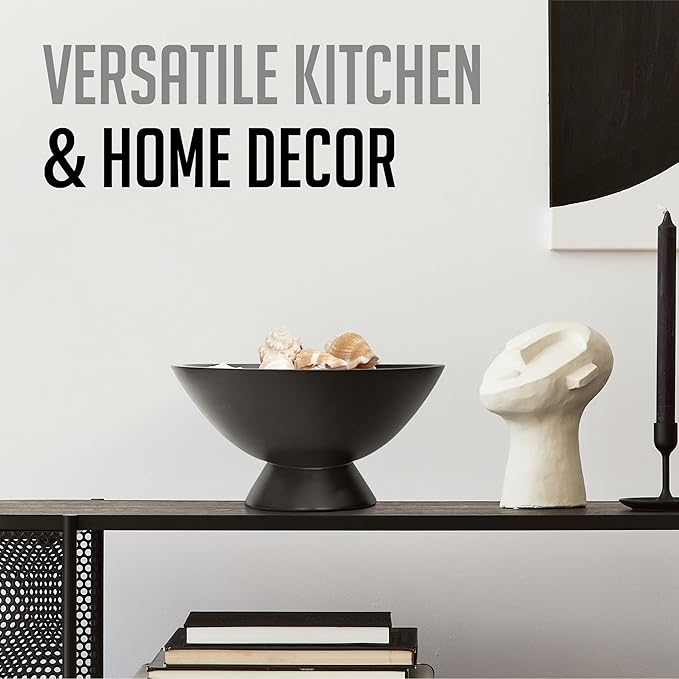 Black Pedestal Bowl - 10 Inch, Wide Black Footed Bowl as Fruit, Key, Decorative, Candy Holder or Centerpiece, Wooden Bowl Decorative for Kitchen, Dining Table & Modern Home Accessories