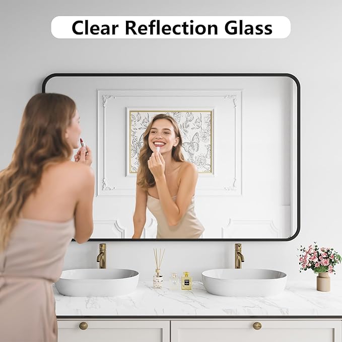 Koonmi Bathroom Mirror, 36X55 Inch Black Metal Framed Mirror for Bathroom, Tempered Glass, Anti-Rust, Rounded Rectangle Mirror for Restroom, Bedroom, Black