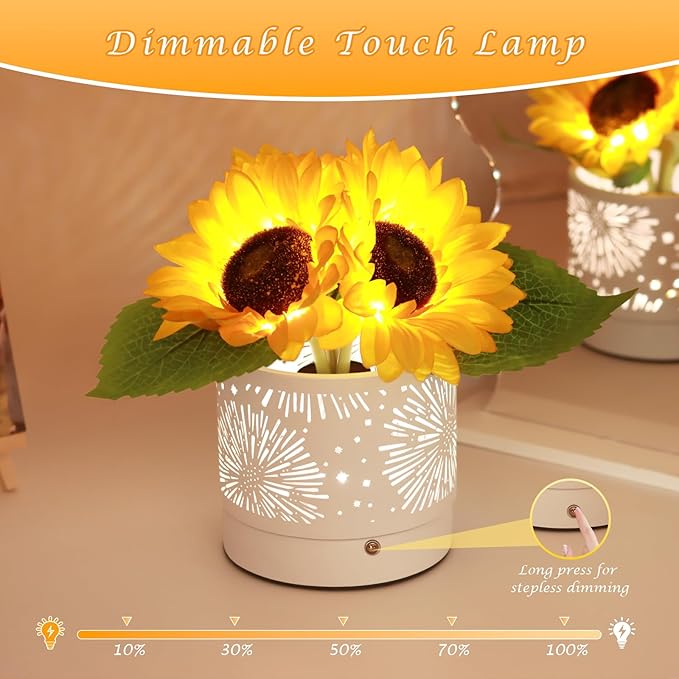 Birthday Gifts for Women,Sunflower Flower Touch Lamp,Rechargeable Cordless Lamp 3-Colour Dimming Night Light for Festival,Restaurant,Bedroom,Office Home Decor Gifts for Women Mom