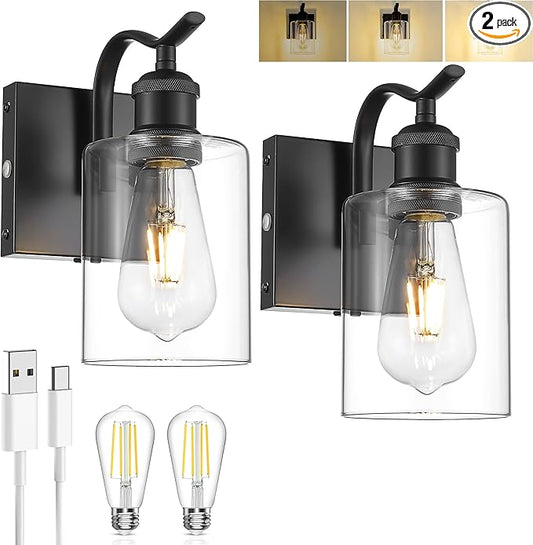 Wall Sconces Set of 2 Battery Operated, Black Rechargeable Wall Lights with 5200mAh Battery Powered Wall Lamps Brightness Adjustable Touch Control, ZCVL01BK-1A-2P