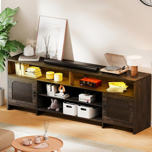 Fluted TV Stands for 70-80 Inch TV, Mid-Century Modern TV Stand Entertainment Center with LED Lights and Open Storage Shelves, 70" Curved TV Media Console for Living Room, Dark Rustic Oak