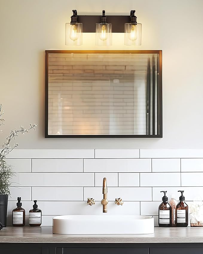 3 Light Bathroom Vanity Light, Morden Bathroom Lighting Fixtures Over Mirror Oil Rubbed Bronze Wall Light Fixtures with Clear Glass Shade ZCVL01ORB-3