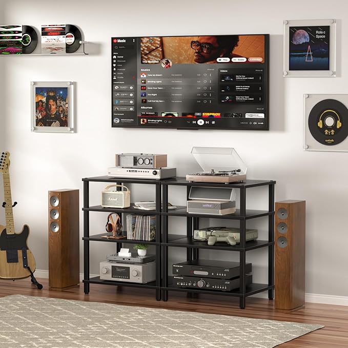 4-Tier AV Media Player Stand, Black Stereo Cabinet, Modern Stereo Cabinet, Wooden TV Stand,Game Console Shelf, Multifunctional Entertainment Center, Suitable for Home, Conference Room, Game Studio