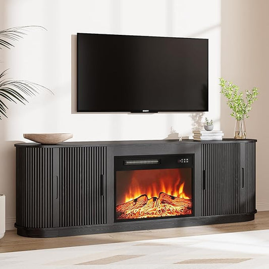 Fluted TV Stand with Fireplace, 70" Modern Fireplace TV Stand for Living Room, Entertainment Center with 23" Electric Fireplace, Curved Design Media Console Cabinet for Living Room (Black)