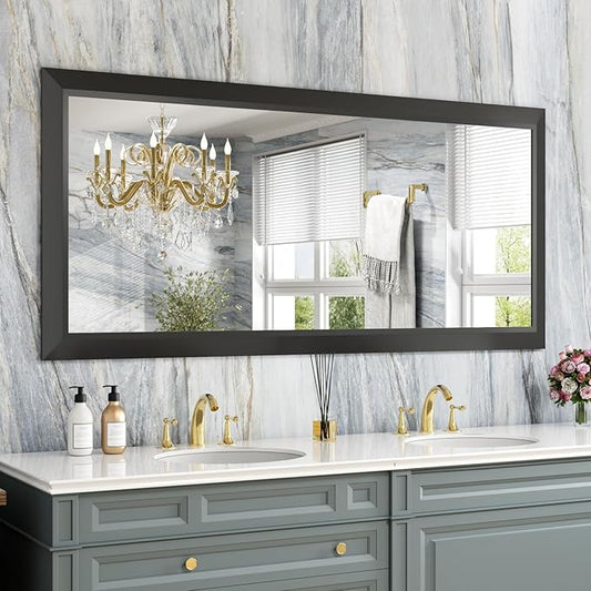 Amorho Black Bathroom Mirror, 60 X28 Inch Thick Metal Framed Wall Mirrors for Over 2 Sinks, Bedroom, Living Room, Entryway, Large Rectangle Wall-Mounted Mirrors.