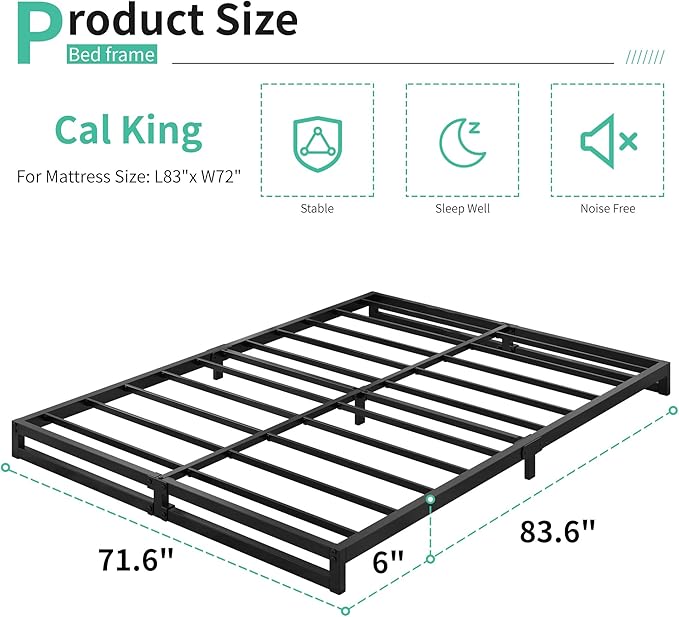 6 Inch California King Bed Frames No Box Spring Needed Heavy Duty Metal Cal King Platform for Mattress Foundation, Noise Free, Easy Assembly, Black