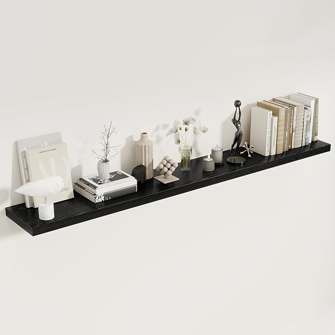 Fun Memories 72 Inch Floating Shelves for Wall, 8 Inch Deep Floating Shelf, Large Shelves with Invisible Bracket for Books|Storage, Rustic Wood Wall Shelf for Bedroom, Kitchen, Living Room, Black