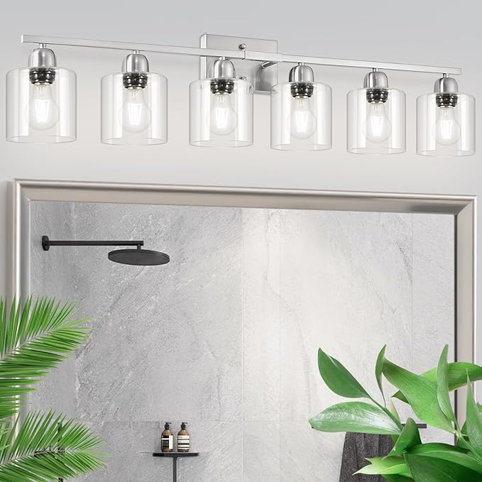 Modern Brushed Nickel 6 Light Bathroom Light Fixtures,38 inch Vanity Lights for Bathroom with Clear Glass, Vanity Light for Mirror Kitchen Living Room Hallway Cabinet Porch