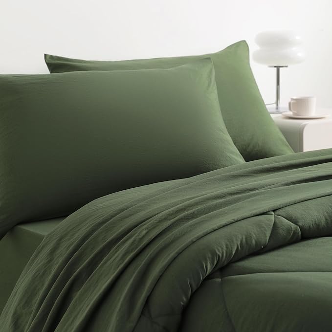 NTBAY Twin Comforter Set with Sheets, 5 Pieces Soft and Breathable Twin Bedding Set, Twin Bed in a Bag, Down Alternative Comforter Set Solid Color All Season, Kids Bedding Set, Olive Green