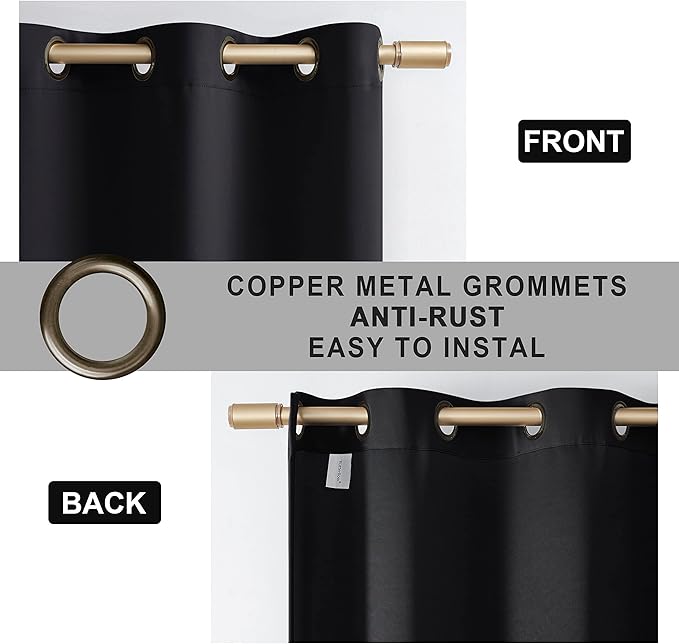 100% Blackout 340 GSM Curtain Panels , Heat and Full light Blocking Drapes with Grommets for Bedroom, Black Thermal Insulated Window Treatment Drapes for Living Room (Black, 2 Panels, 52 x 63 inch)