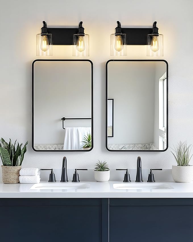 2-Light Black Bathroom Light Fixture Over Mirror, Modern Vanity Light, Clear Glass Wall Sconce, VL01BK-2