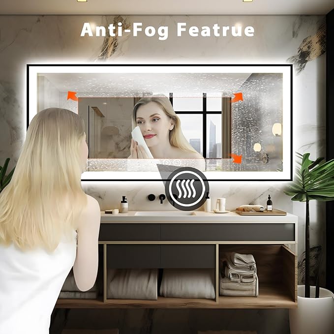 96x36 Large Lighted Bathroom Mirror, Black Rim(Front and Backlit), 3 Colors and Dimmable Vanity Mirror, Tempered Glass, IP54 Enhanced Anti-Fog, Anti-Corrosion, Memory (Horizontal/Vertical)