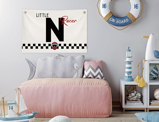 Toddler Boy Room Wall Decor,Name Sign Banner for Personalized Baby Boy Christmas Gifts,Little Racer Canvas Banner for Nursery Toddler Little Boy Bedroom Playroom,Initial N Gift,20x30 in