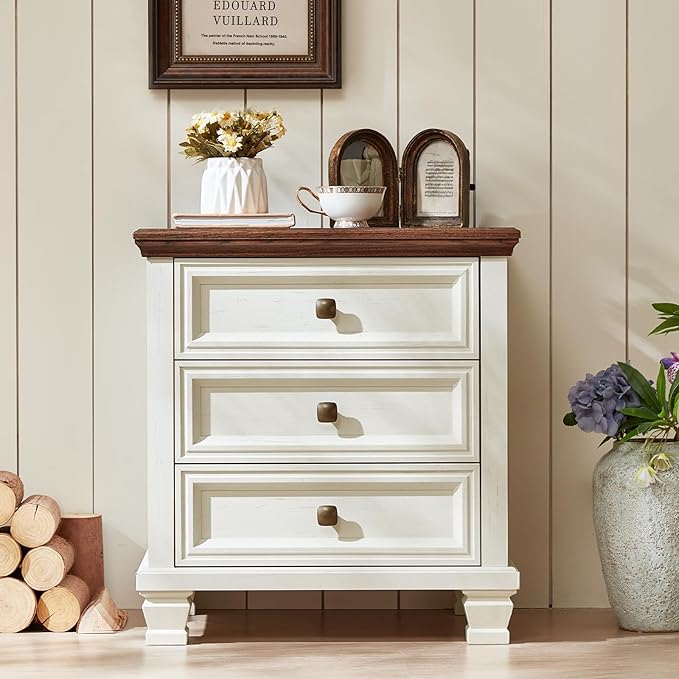 Farmhouse Nightstand with 3 Drawers, Rustic Couch End Table with 4 Square Solid Wood Legs, Mid-Century Modern Bed Side Table with Storage, Small Dresser for Bedroom, Living Room, White