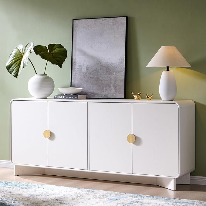 70" Modern TV Stand for TVs Up to 80 inches, 30" Tall Entertainment Center with Storage and Adjustable Shelves, TV Console with Curved Profile Design, Media Console for Living Room, White