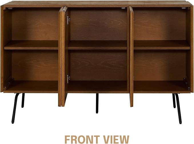 NTC MOSSIC Modern Sideboard with 3 Doors, Natural Rattan Storage Cabinet, Buffet with Metal Legs, Boho Accent Cabinet for Living Room, and Entryway, Effortless Assembly - Rustic Oak