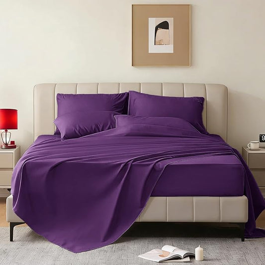 Full Size Bed Sheets - 6 Piece Soft Microfiber and Wrinkle Free Sheets - Easy Care, Extra Soft, Cooling Sheets - 1 Deep Pocket Fitted Sheet 1 Flat Sheet and 4 Pillowcases (Full Purple)