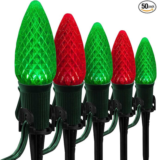 Wintergreen Lighting 50' OptiCore LED C9 Red and Green Pathway Christmas Lights, Heavy Duty Bulbs for Driveway, Walkways, 5" Commercial PathPRO Stakes, 18 Gauge Green Wire