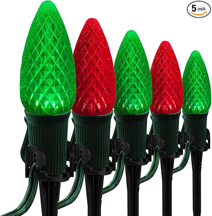 Wintergreen Lighting 100’ OptiCore LED Red and Green Christmas Pathway Lights, C9 Outdoor Landscape Lights, 4.5” Stakes, Green Wire Plug String Lights