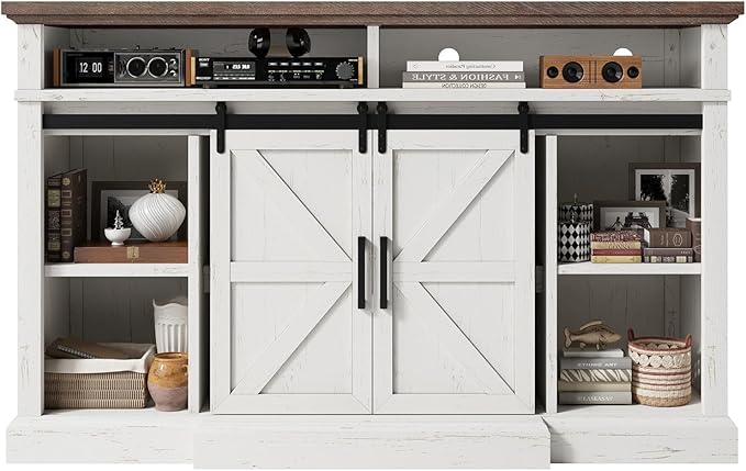 AMERLIFE 66" W Farmhouse TV Stand, Wood 40" H Tall Entertainment Center with Sliding Barn Door & Large Storage Shelves, Rustic Media Console for TVs up to 75", Distressed White