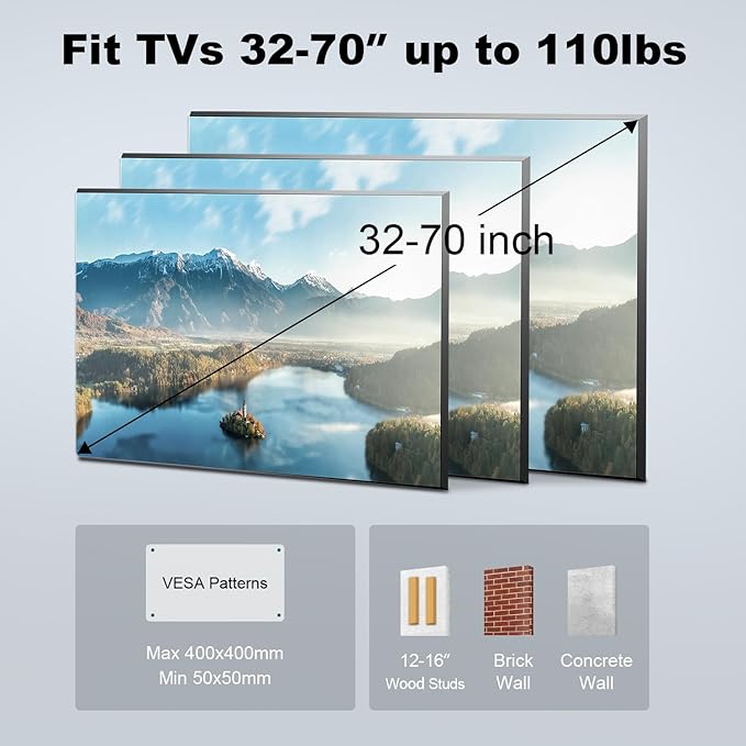 USX STAR UL Listed Full Motion TV Wall Mount Bracket for Most 32-70 inch TVs, Swivel Extend Tilting TV Mount, Max VESA 400x400mm, Holds up to 110 lbs & 16" Wood Studs with Hole Drilling Template