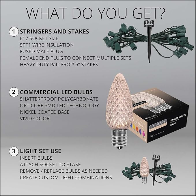 Wintergreen Lighting 25 OptiCore LED C9 Warm White Pathway Christmas Lights, Heavy Duty Bulbs for Driveway, Walkway Marker, 5" Commercial PathPRO Stakes, 18 Gauge Green Wire, 25'