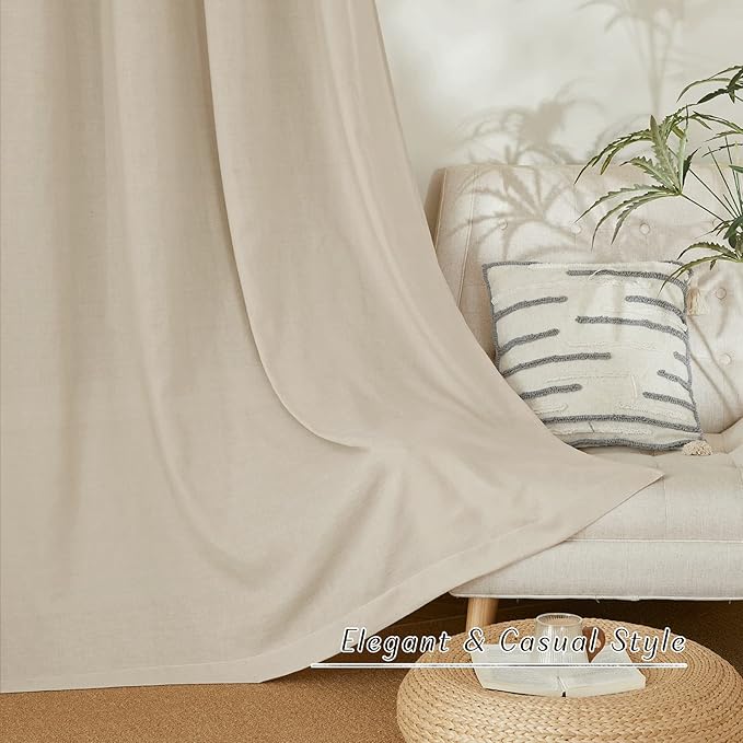 NICETOWN Thick Flax Linen Curtains for Living Room, Rustic Grommet Semi Sheer Privacy Assured Linen Blend Drapes with Light Filtering for Living Room/Bedroom, Angora, W55 x L96, 1 Pair