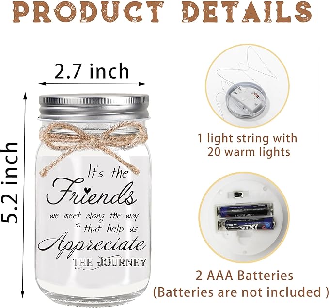 Birthday Gifts for Women Friendship, Mason Jar Night Lights for Friend, Thankgiving Christmas Gifts for Women, Suitable for Home Office Table Stands