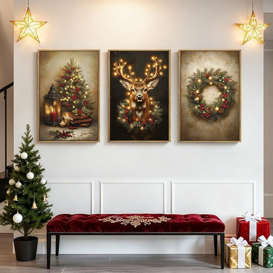 Anyzal Large Christmas Wall Art Winter Christmas Tree Prints Santa Elk Wall Decor for Living Room Bedroom Dining Room 24x36 Inch