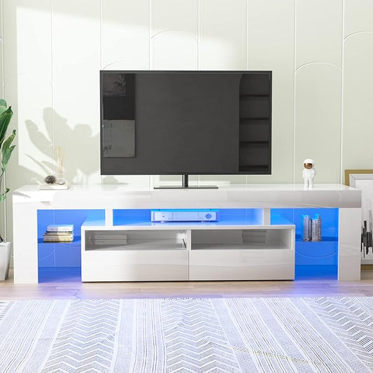 St.Mandyu LED TV Stand for 60/65/70 inch TV, High Glossy Modern Entertainment Center with Drawer and Led Lights, Television Table Center Media Console for Living Game Room Bedroom, White