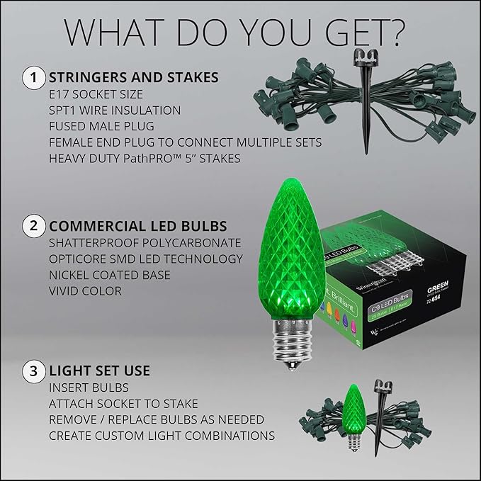 Wintergreen Lighting OptiCore LED C9 Green Christmas Pathway Lights, Heavy Duty Bulbs for Driveway, Walkway Marker, 5" Commercial PathPRO Stakes, 18 Gauge Plug-in Green Wire, 100 Lights, 100 ft