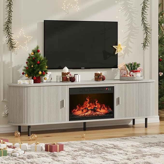 70.8" Fluted Fireplace TV Stand with 23" Electric Fireplace, Modern Chic Entertainment Center for TVs Up to 80 inches, Wooden Curved Media Console with Sliding Doors for Living Room, White Oak
