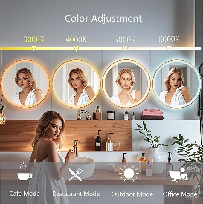 24 Inch Wall-Mounted Round Bathroom Mirror with LED-Lights - Frame Vanity Mirrors (24" x 24", Gold)