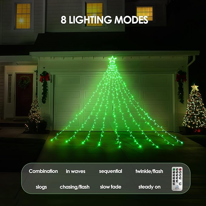 WBao 344 LED Christmas Lights Outdoor Decorations with 12" Star Topper, 11.9ft Waterfall Christmas Lights, Remote Control 8 Modes, 3 Timers, UL Listed Waterproof for Tree Roof Porch Xmas Decor, Green