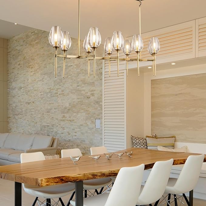 Crystal Chandelier, 52in Gold Tulip Rectangle K9 Crystal Chandelier, 8 Lights Brass Pendant Ceiling Light for Dining Living Room Bedroom Entryway, E12 Bulbs Included