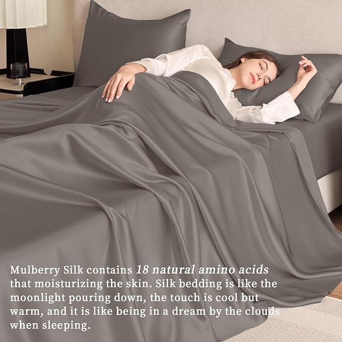 THXSILK Silk Sheet Set 5Pcs, 6A+ Top Grade 100% Pure Mulberry Silk Bed Sheets, Ultra Soft Durable Luxury Bedding Sets, 2 Fitted Sheet, 1 Flat Sheet and 2 Pillowcases (Split King, Charcoal)