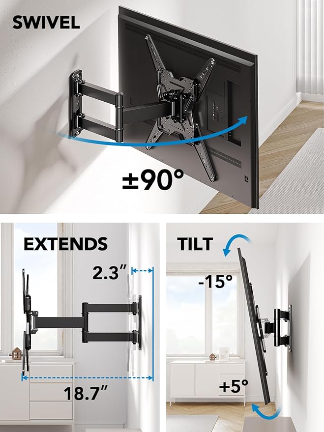Pipishell Full Motion TV Wall Mount for Most 26-60 inch TVs, 55 inch Compatible, with Swivel, Tilt, Extension, Single Stud Articulating TV Mount Bracket, Holds up to 77 lbs, Max VESA 400x400mm, PIMF11