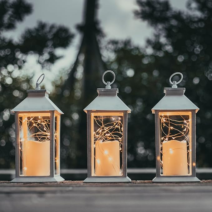 14" Gloden Brushed Vintage Candle Lantern with 30pcs Fairy Light (4 Hours Timer,3 AAA Batteries Included) Hanging Lantern Indoor Outdoor Using Decorative Candle Lanterns Table lanterns