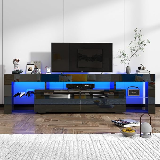 St.Mandyu LED TV Stand for 65/75/85 inch TV, High Glossy Modern Entertainment Center with Drawer and Led Lights, Television Table Media Console for Living Game Room Bedroom(Black)