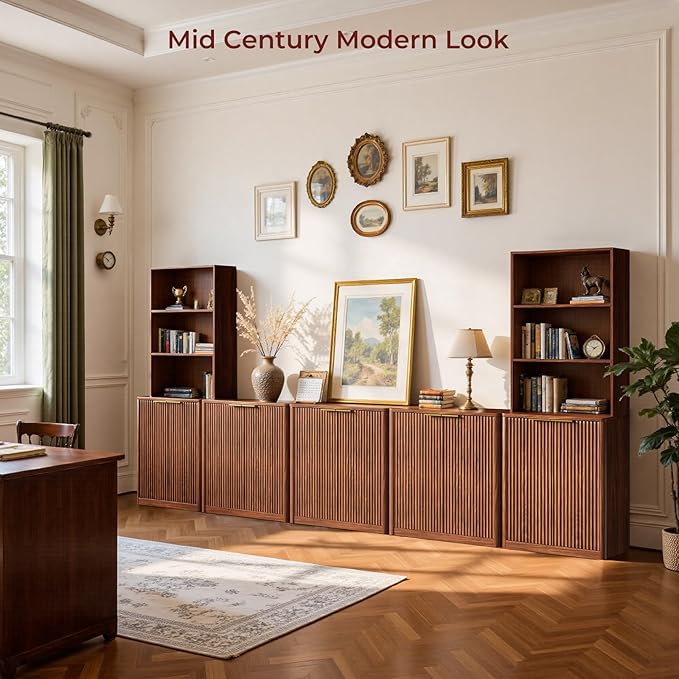 Evermagin 5-Piece Entertainment Center with Bookshelves for TVs up to 85", Mid Century Modern TV Stand with Bookcases, Walnut Buffet Cabinet with Storage for Living Room