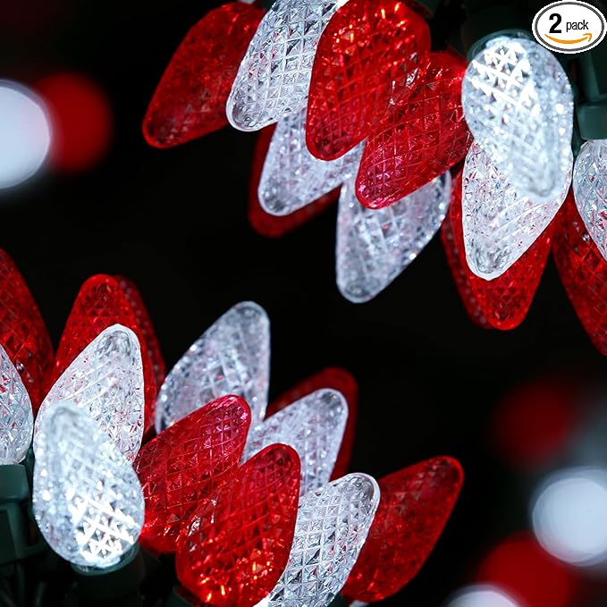 2-Set C7 LED Christmas String Lights, 25.16FT 50 LED Connectable Outdoor Indoor Decorative Light Strand, Red & White Xmas Holiday Lights for House, Christmas Tree, Patio, Party Decoration, UL Listed