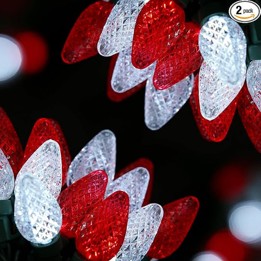 2-Set C7 LED Christmas String Lights, 25.16FT 50 LED Connectable Outdoor Indoor Decorative Light Strand, Red & White Xmas Holiday Lights for House, Christmas Tree, Patio, Party Decoration, UL Listed