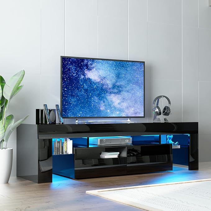 TV Stand with 16 Color LED Lights, Media Console with Drawer and Glass Open Shelf for 60/65/70 inch TV, Modern Gloss Entertainment Center for Living Room, Black