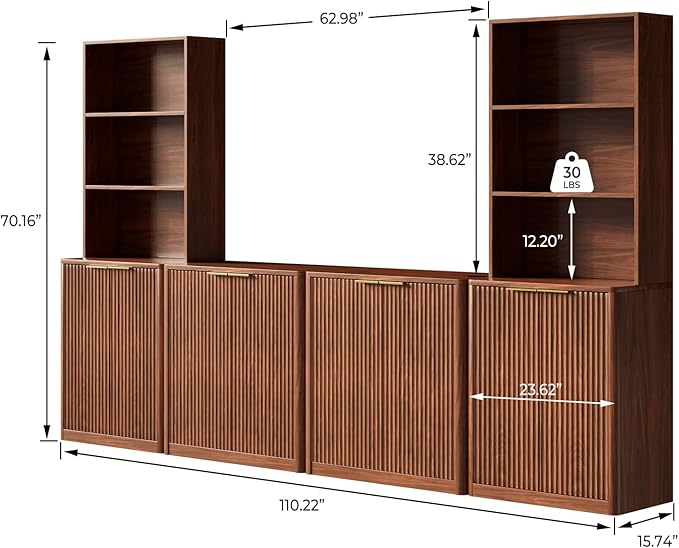 Evermagin 4-Piece Entertainment Center with Bookshelves for TVs up to 65", Mid Century Modern TV Stand with Bookcases, Walnut Buffet Cabinet with Storage for Living Room
